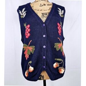 Ashley XL Navy Blue Hand Embroidered Fruit Leaf Acorn Vest Knit